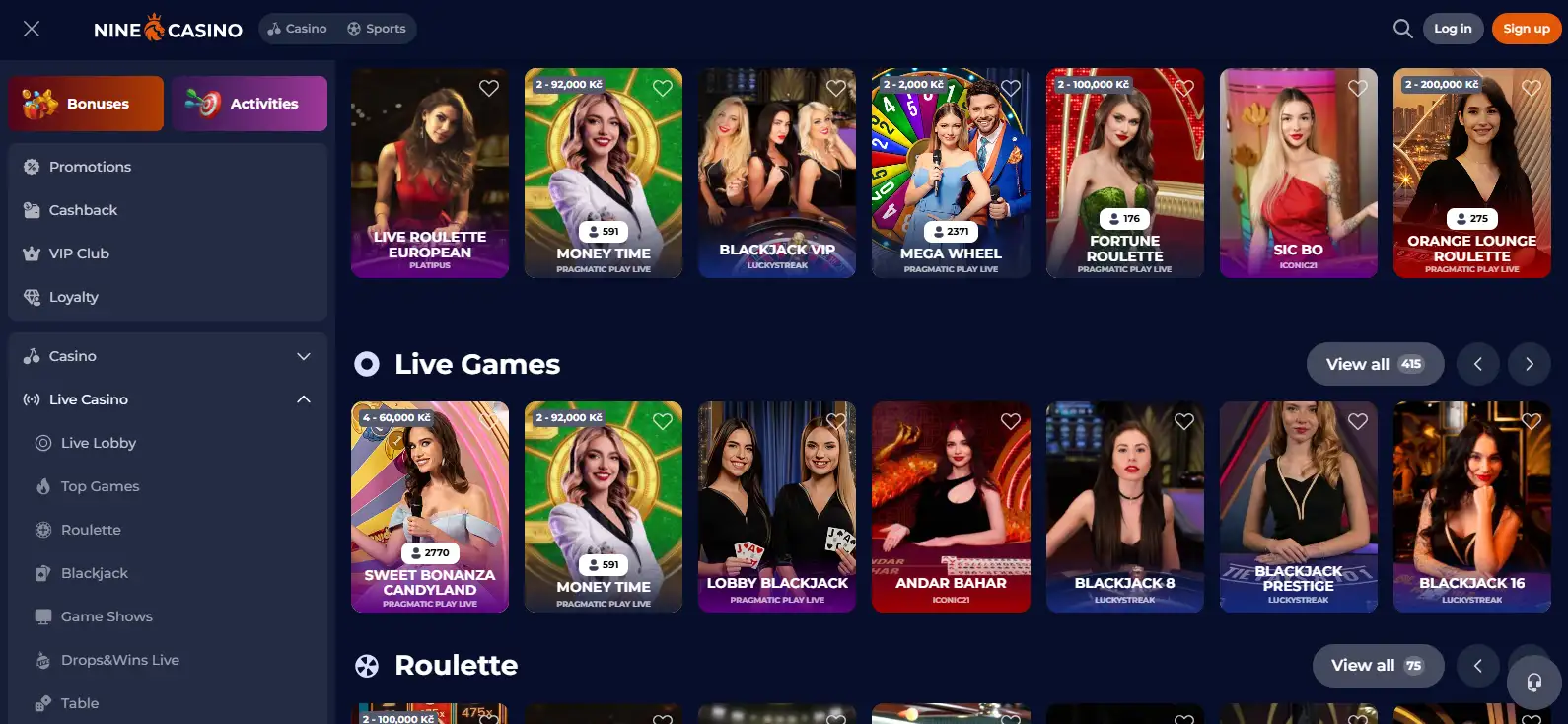 NineCasino live casino lobby showing current dealer tables