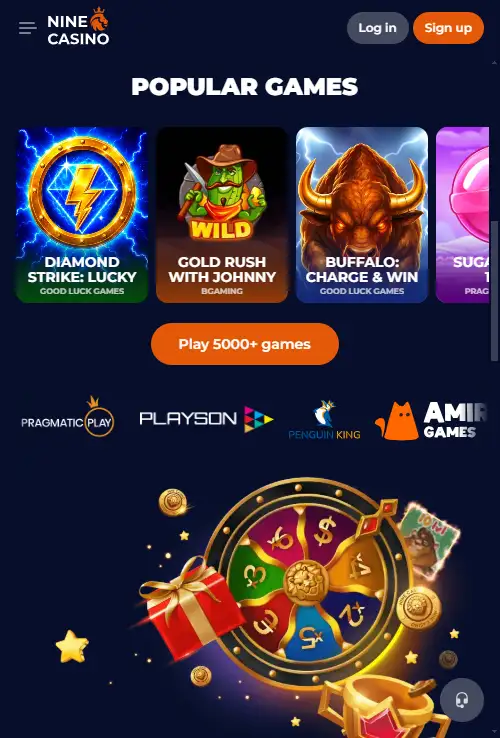 NineCasino mobile website shown in a narrow browser viewport