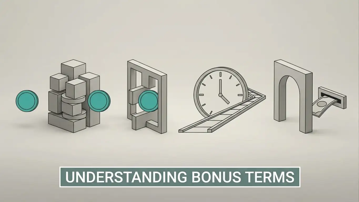 Conceptual editorial diagram of bonus funds passing through wagering, maximum-bet and expiry checks