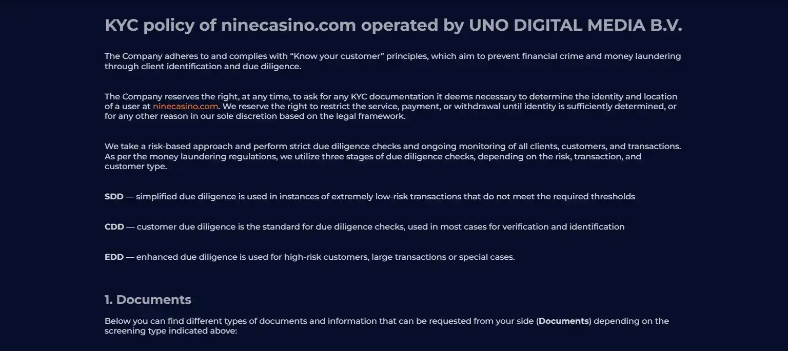 Official NineCasino KYC policy showing current document categories