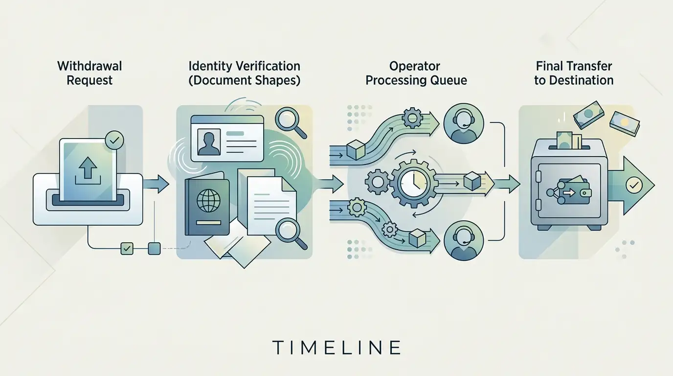 Conceptual payout timeline from withdrawal request through verification, operator processing and payment-network transfer