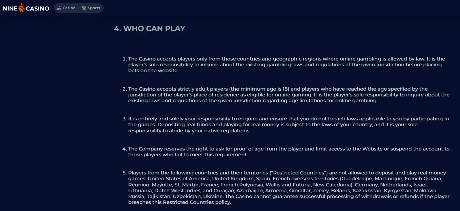 NineCasino official Terms Restricted Countries clause naming the United Kingdom