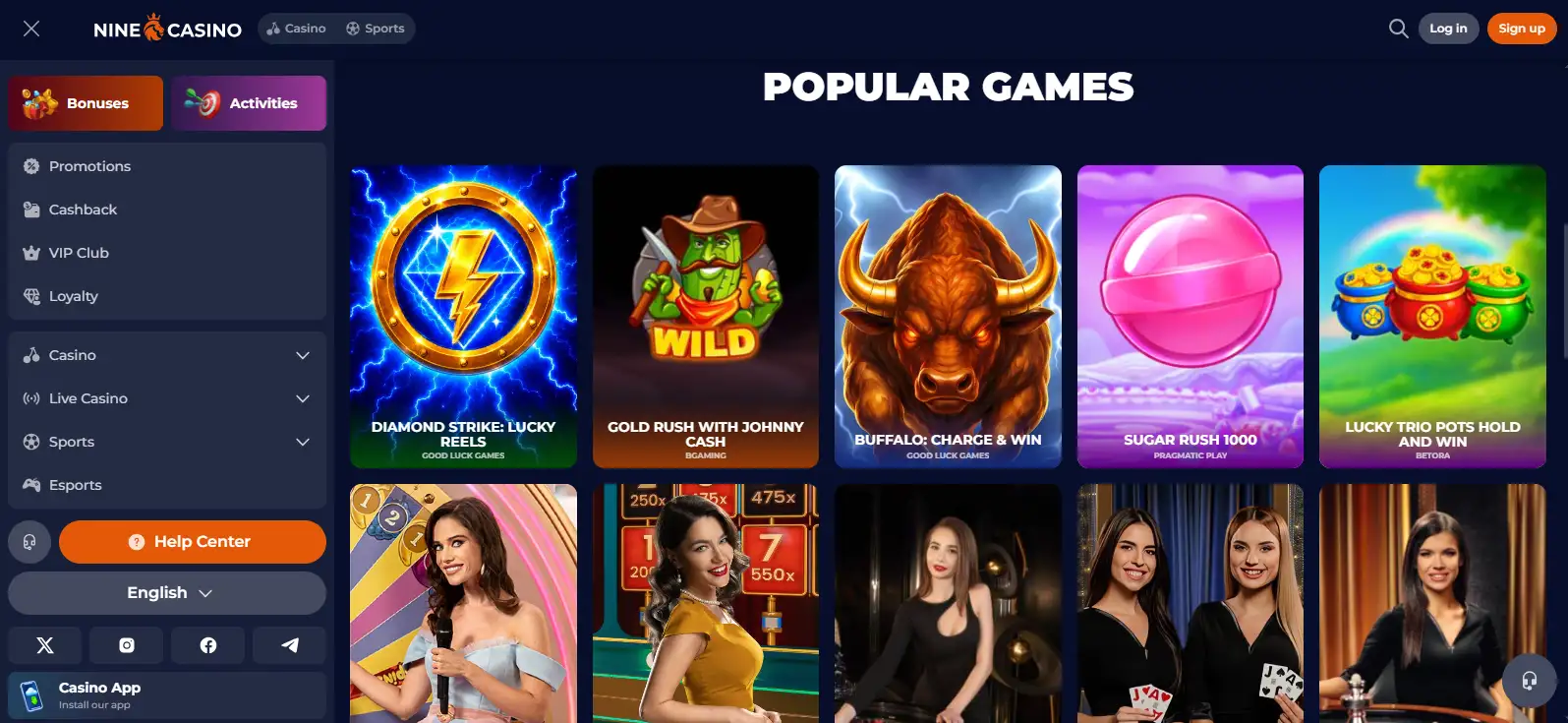 Current NineCasino homepage or casino lobby